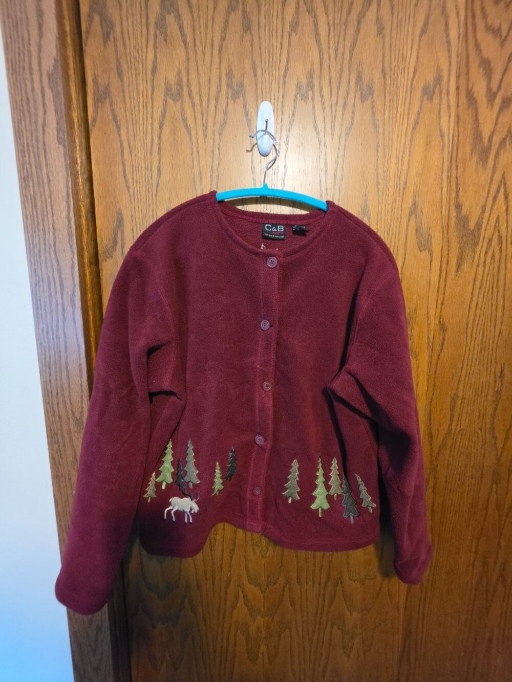 C&B Sport Croft & Barrow Fleece Cardigan Medium Burgundy Moose Trees Cabin Vtg